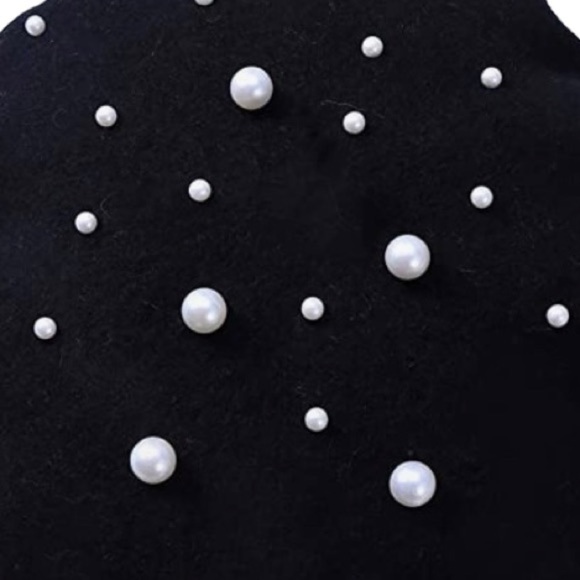 Cashmere Beret (Beaded) in Ivory or Black with White Simulated Pearls main image 11